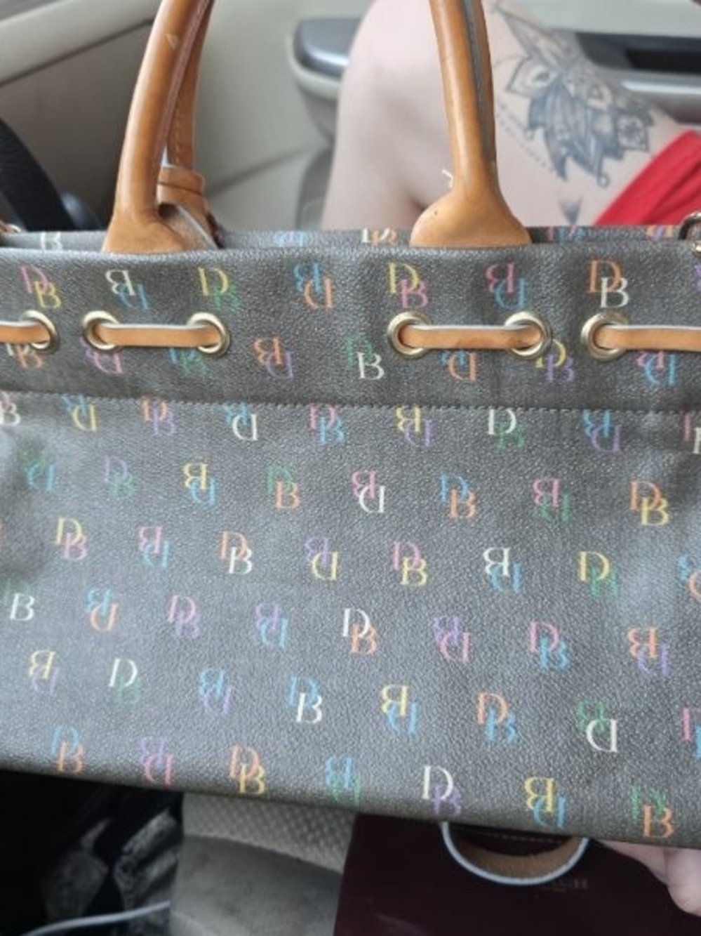 Dooney & Bourke Black Multicolor Logo Shoulder Bag with Tan Handles